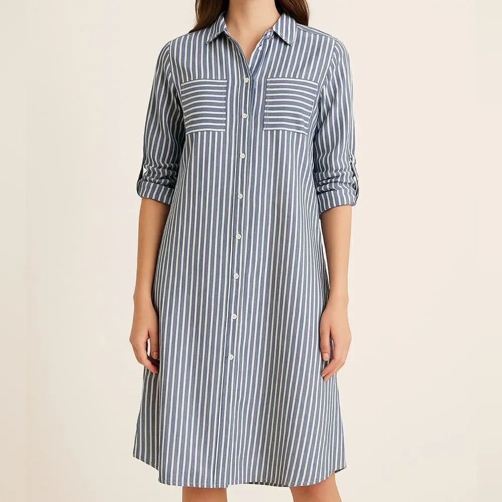 Monteau Blue and White Striped Midi Shirtdress